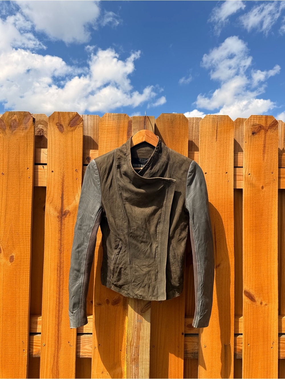Drykorn Two-Tone Olive and Gray Asymmetric Leather Moto Jacket
